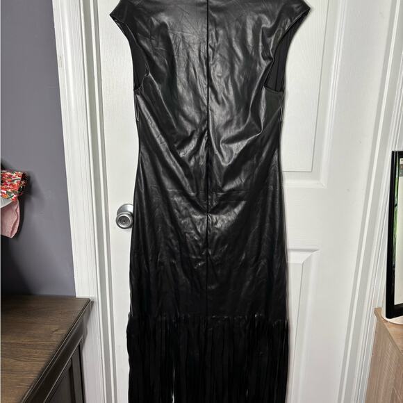 Ashley Stewart Black Faux Leather Fringe Maxi Dress V Neck Size 12 - Picture 6 of 7